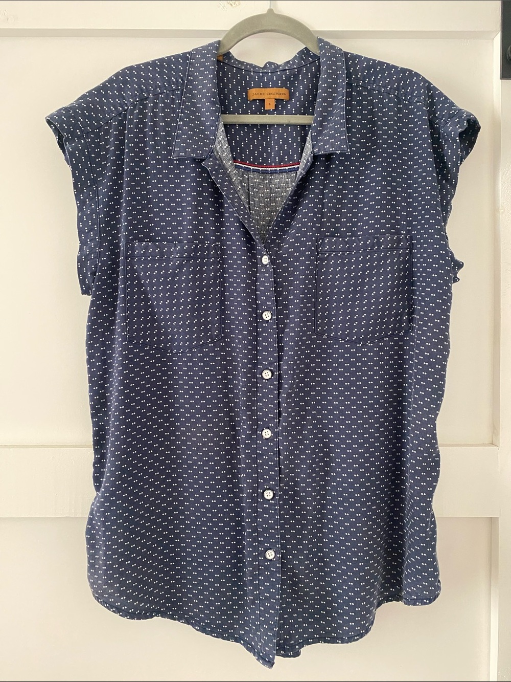 Jacks Girlfriend Sleeveless Navy Button-Down Shirt with Micro Dot Print